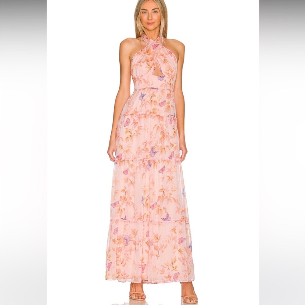 Amanda Uprichard Maxi Floral Pink Dress Feminine Butterly Print Halter
